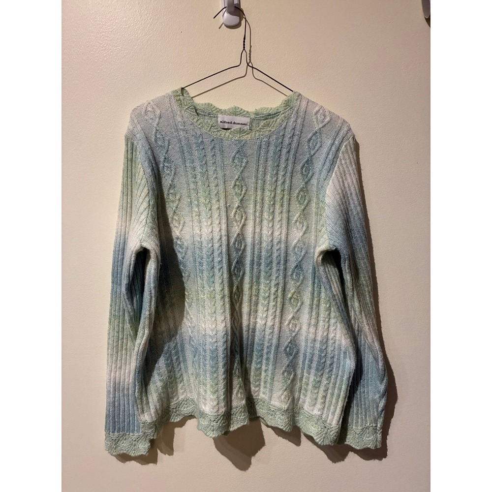 Alfred Dunner Womens Small Blue Green Ombre Cable Knit Scalloped Hem Sweater